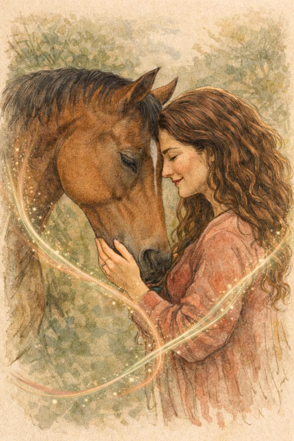 Watercolor illustration of a woman resting her forehead against her horse, a golden thread of light circling them both